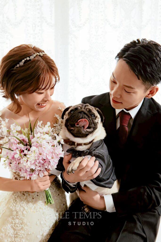* ペットとウェディングドレスで撮影する新郎新婦