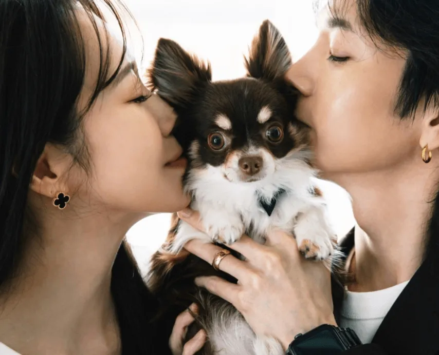 犬と映る男女の写真
